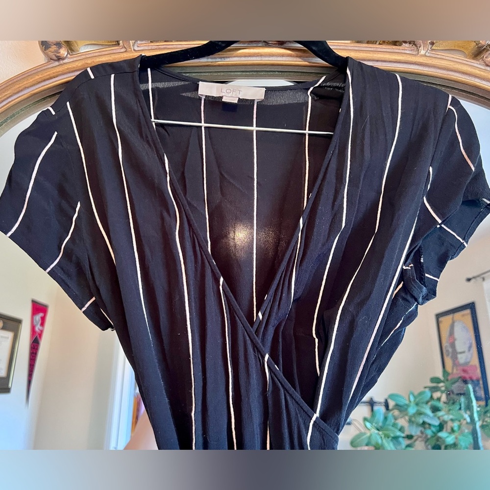 Loft Black Pink Striped Wrap Midi Dress Size S
